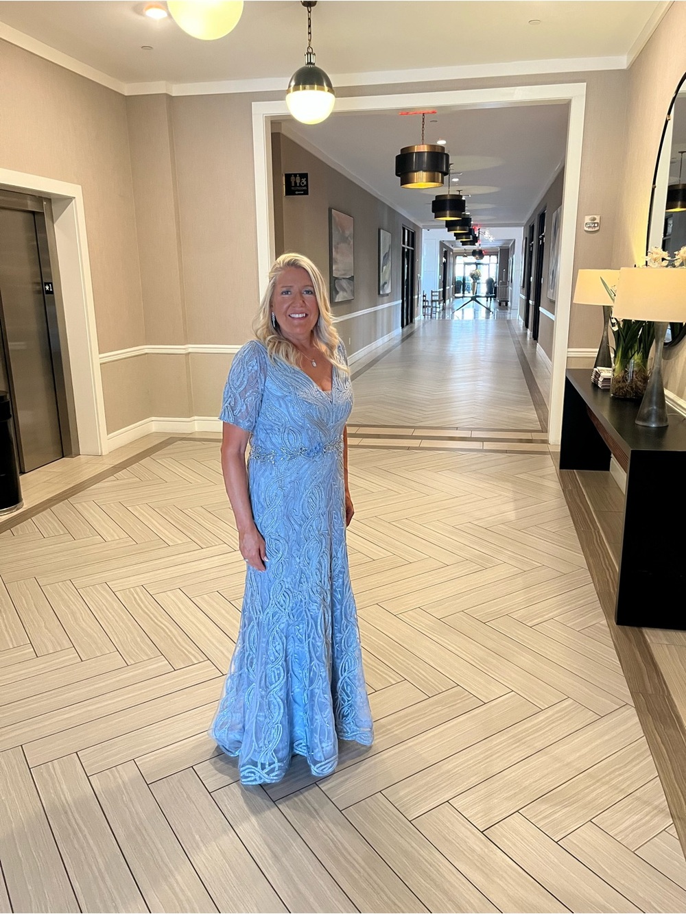 Elegant Light Blue Lace Evening Gown - Women Dresses